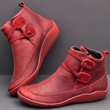 Women's Casual Double Buckle Straps Leather Orthor Ankle Boots