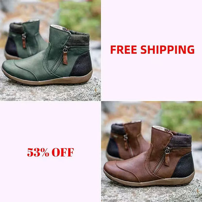 Women's Retro Round Toe Waterproof Zip Leather Ankle Boots