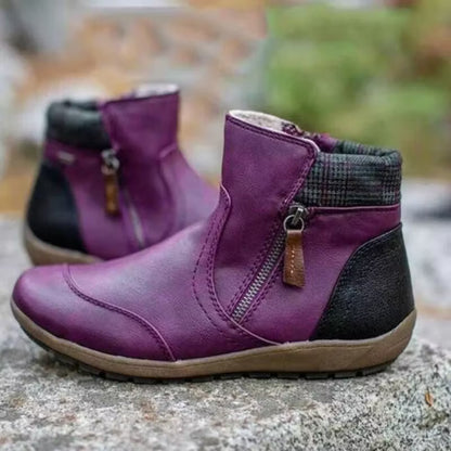 Women's Retro Round Toe Waterproof Zip Leather Ankle Boots