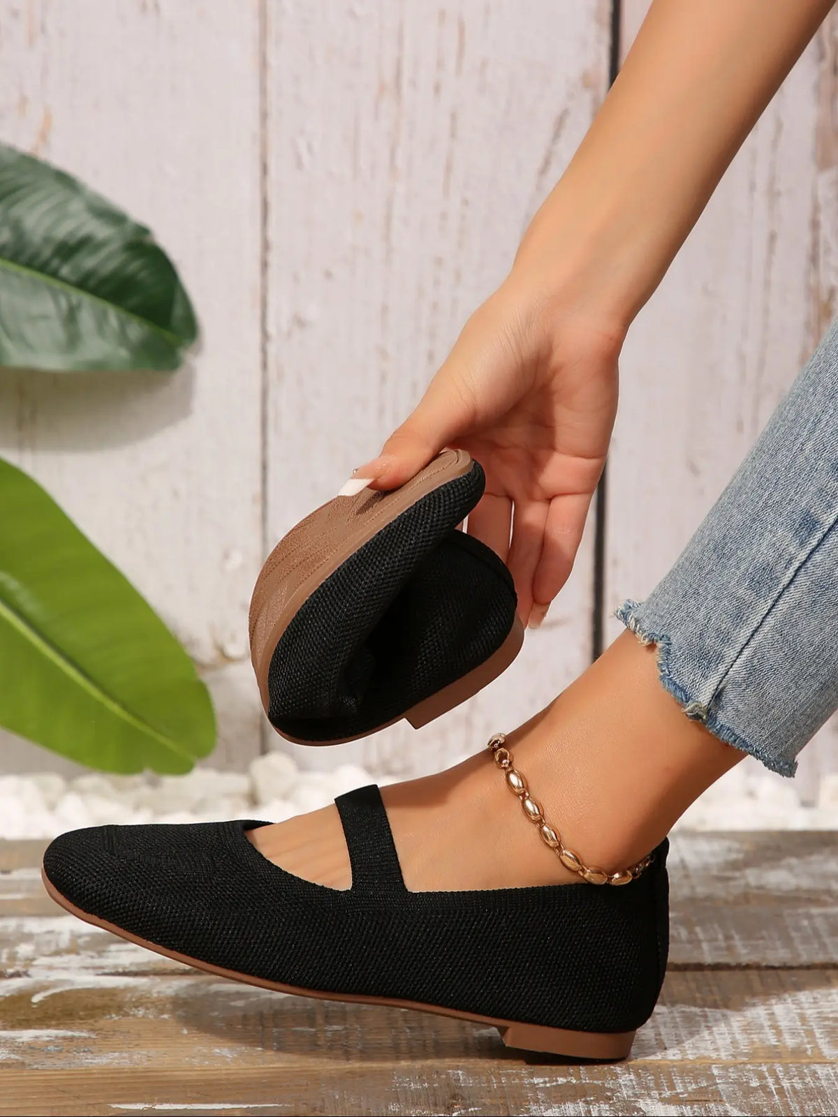 Women's Knit Mary Jane Flats – Square Toe, Heel Strap, Slip-On