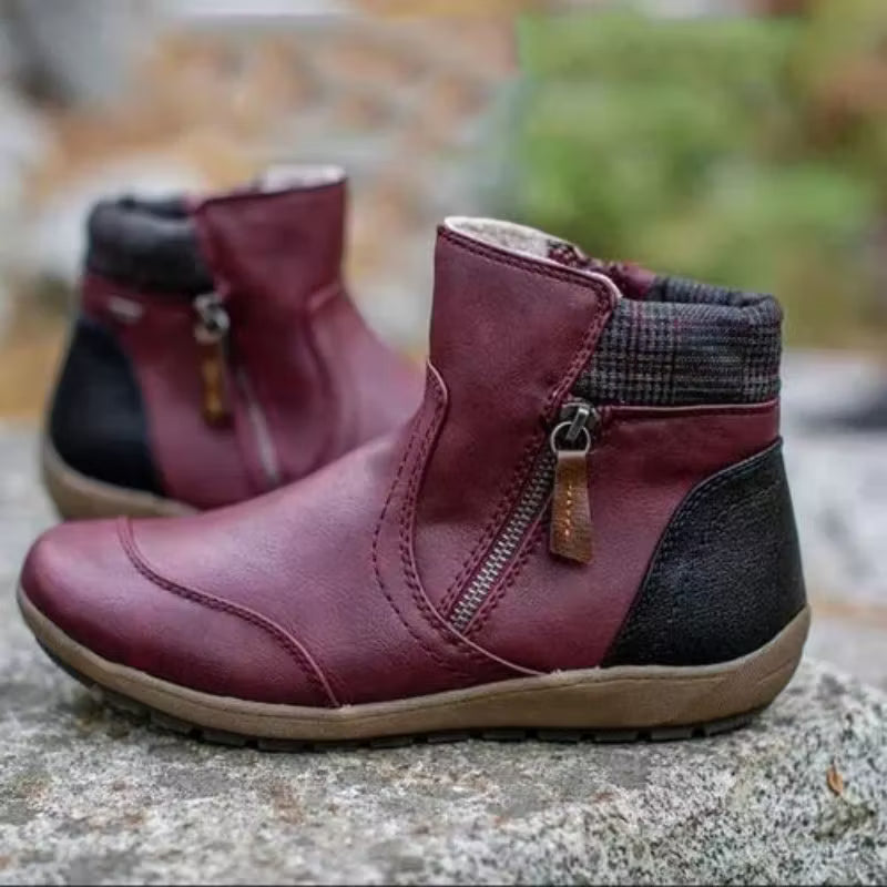 Women's Retro Round Toe Waterproof Zip Leather Ankle Boots