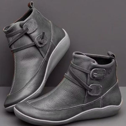 Women's Casual Double Buckle Straps Leather Orthor Ankle Boots