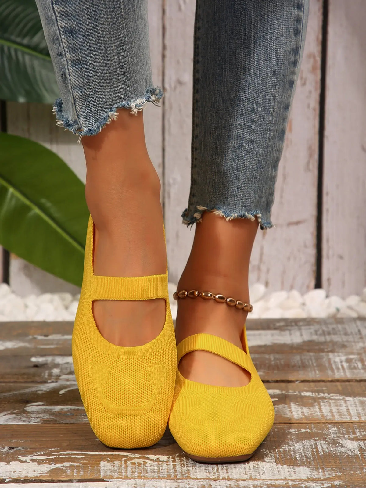 Women's Knit Mary Jane Flats – Square Toe, Heel Strap, Slip-On