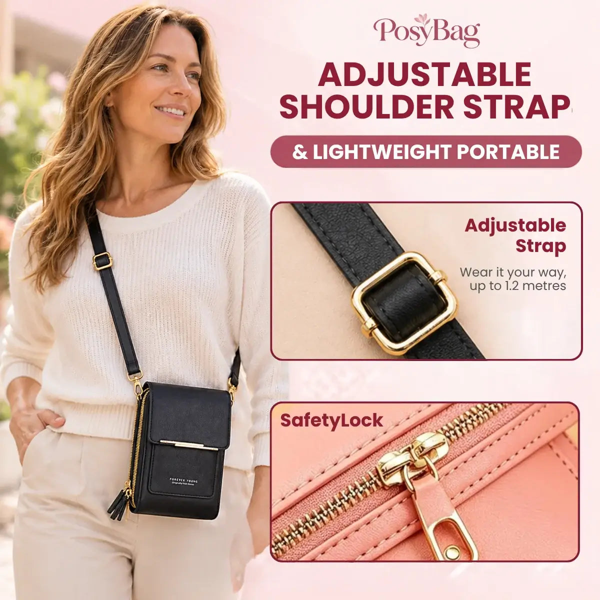 PosyBag - Touch Screen Waterproof Leather Crossbody Phone Bag for iPhone, Galaxy & Other