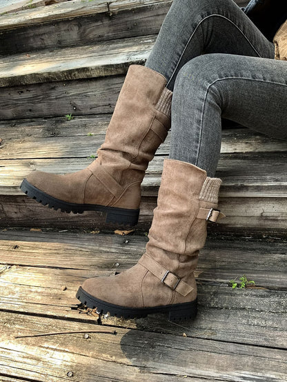 Women's Vintage Print Warm Waterproof Leather Boots