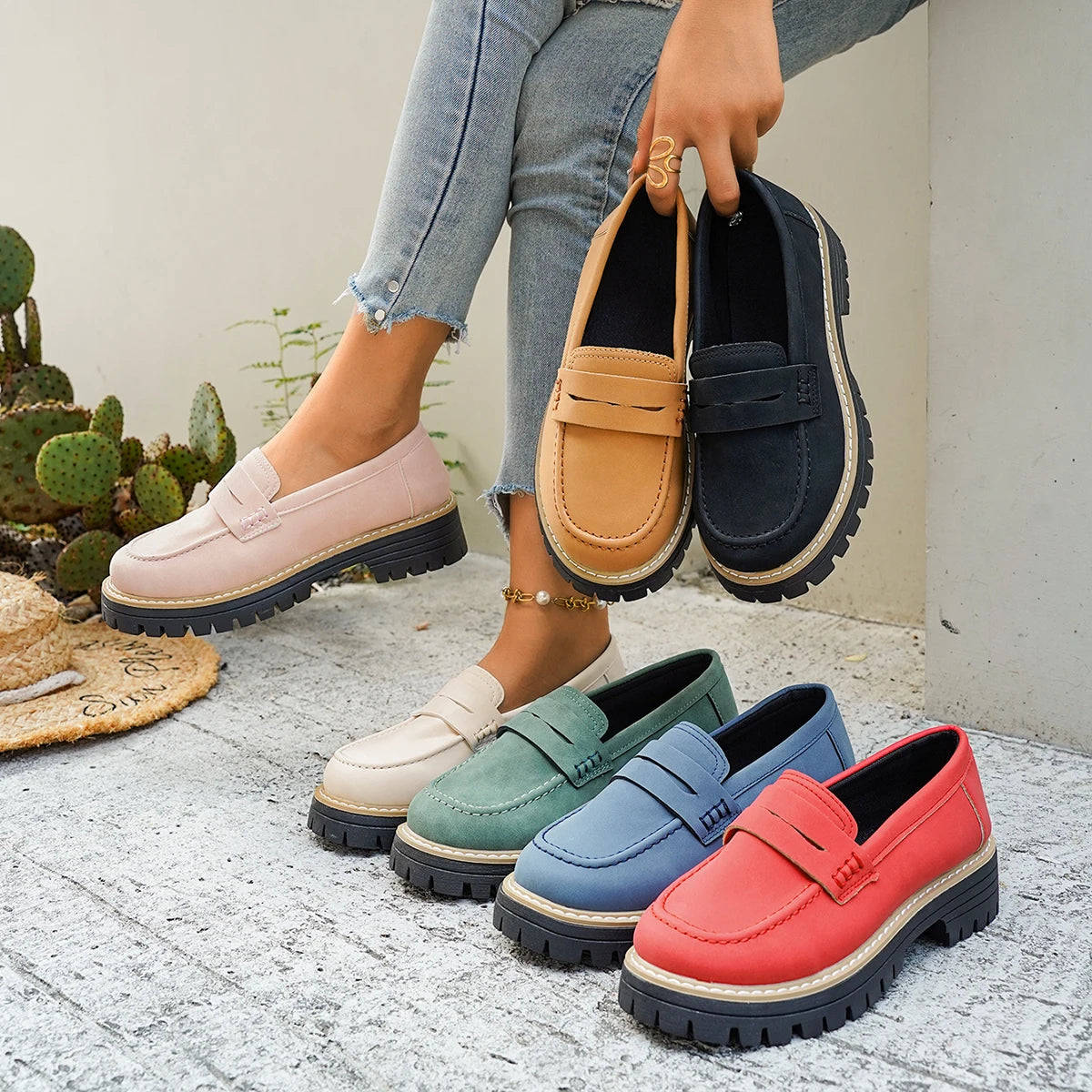 Spring Autumn Women Suede Platform Loafers Shoes Slip on Round Toe Non-Slip