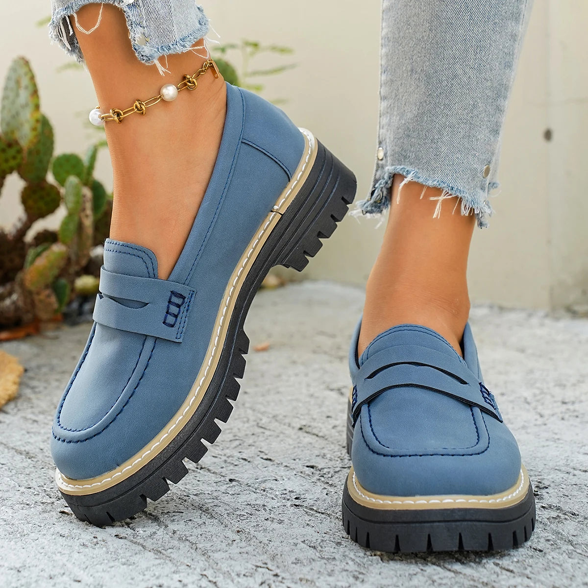 Spring Autumn Women Suede Platform Loafers Shoes Slip on Round Toe Non-Slip