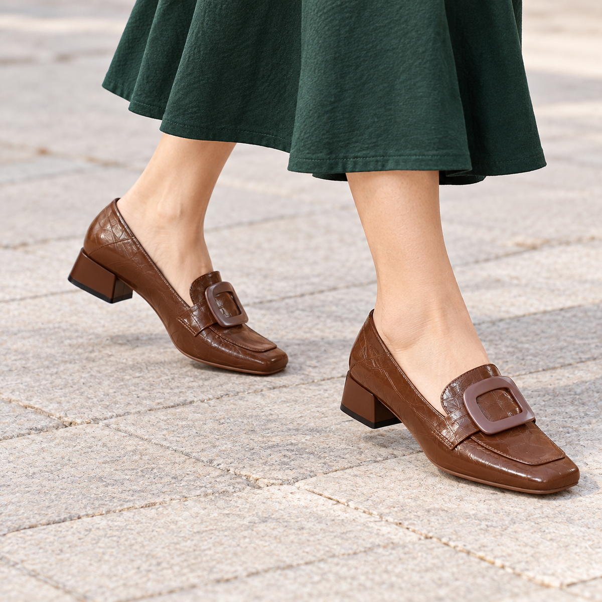 Square-Buckle Leather Loafers
