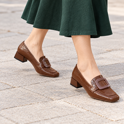 Square-Buckle Leather Loafers