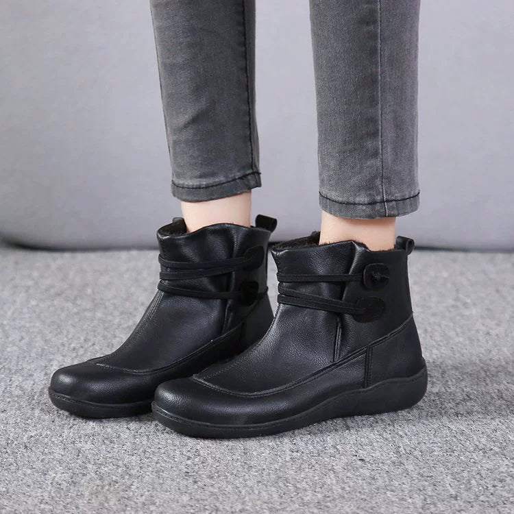 Women's Casual Double Buckle Straps Leather Orthor Ankle Boots