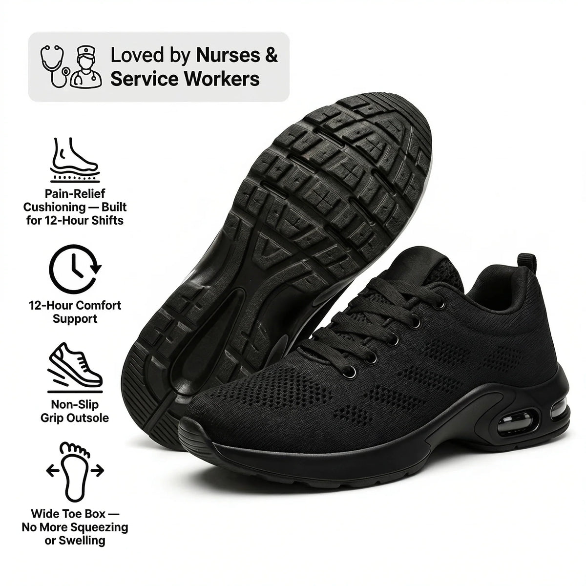 Talqimo™ Pro — 12-Hour Shift Shoes for All-Day Foot, Knee & Back Pain Relief