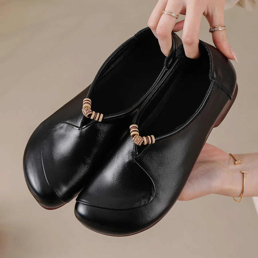 Ethnic V Cut Beaded Ballet Flats Women's Plain Vintage Genuine Leather Moccasins Woman Slip On Mother Loafer Daily Elegant Shoes