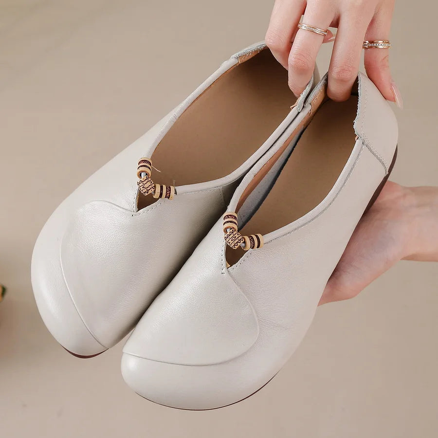 Ethnic V Cut Beaded Ballet Flats Women's Plain Vintage Genuine Leather Moccasins Woman Slip On Mother Loafer Daily Elegant Shoes