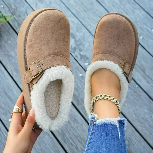Women Backless Platform Mule Snow Boots Metal Buckle Decor Anti Slip Sole Warm Winter Slip on Clogs