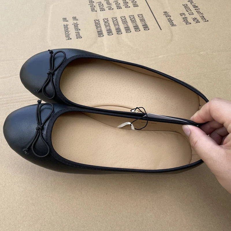 2026 Spring Elegant Bowknot Ballet Flats Classic Shoe Round Toe Comfort Slip-On Ladies Fashion Loafers Leather Mules Shoes