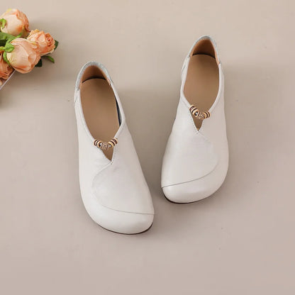 Ethnic V Cut Beaded Ballet Flats Women's Plain Vintage Genuine Leather Moccasins Woman Slip On Mother Loafer Daily Elegant Shoes
