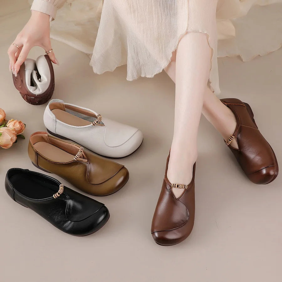 Ethnic V Cut Beaded Ballet Flats Women's Plain Vintage Genuine Leather Moccasins Woman Slip On Mother Loafer Daily Elegant Shoes