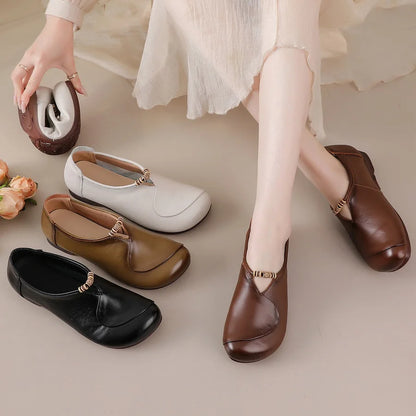 Ethnic V Cut Beaded Ballet Flats Women's Plain Vintage Genuine Leather Moccasins Woman Slip On Mother Loafer Daily Elegant Shoes