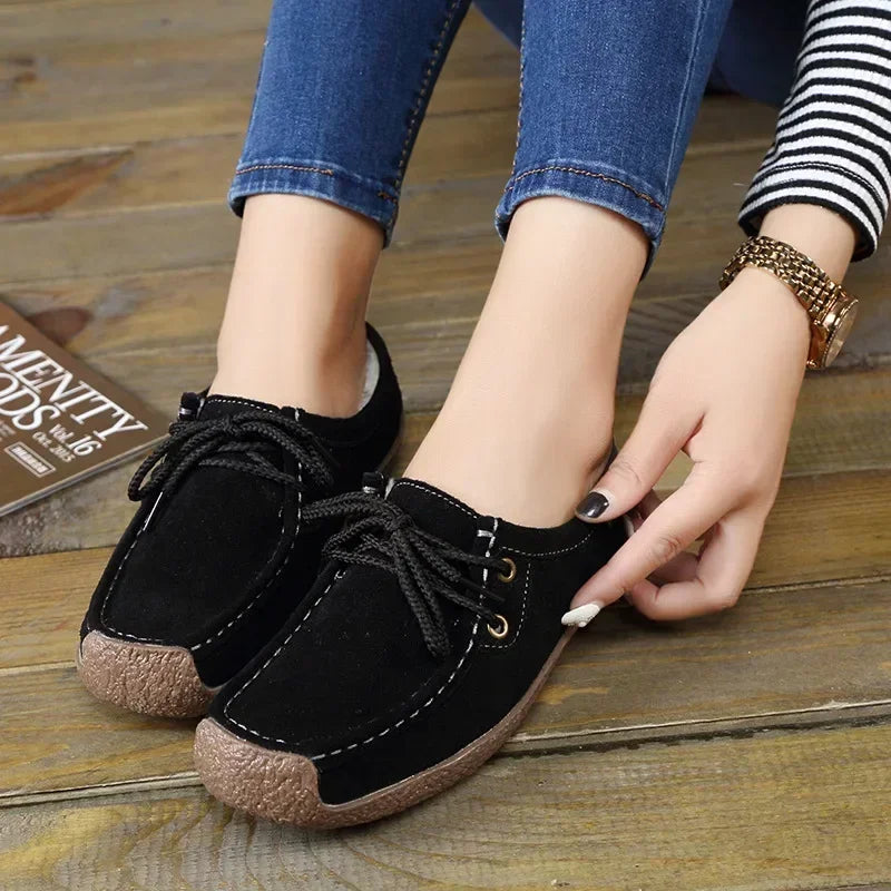 New Arrival Women Casual Shoes 2025 Suede Leather Flats Sneakers Lace Up Moccasins Ladies Shoes Fashion Loafers Plus