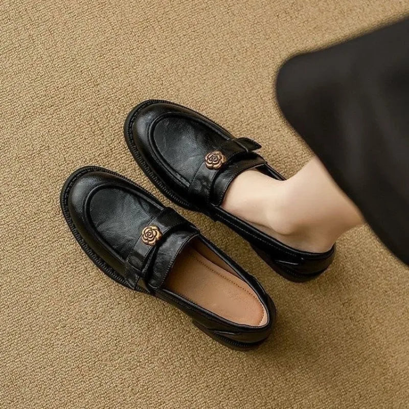 Women's Leather Flat Loafers with Gold-Tone Flower Accessory Round Apron Toe Low Block Heel Comfortable & Office Dress Shoes