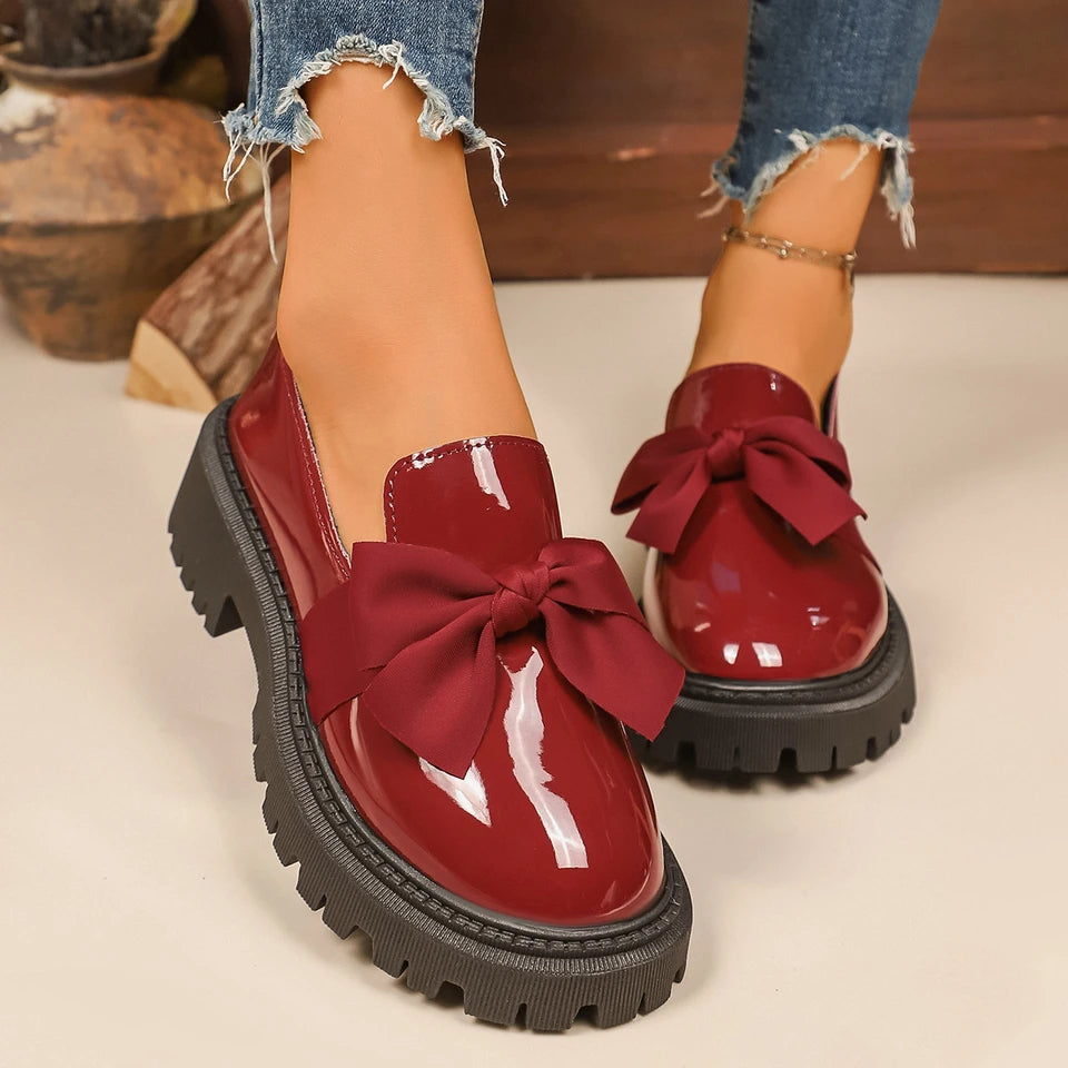 Women Bow Decor Slip‑On Loafers Faux Patent Leather Lug‑Sole Platform Round‑Toe Sweet Preppy Casual Daily Dress Shoes