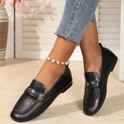 Women's Leather Flat Loafers with Gold-Tone Flower Accessory Round Apron Toe Low Block Heel Comfortable & Office Dress Shoes