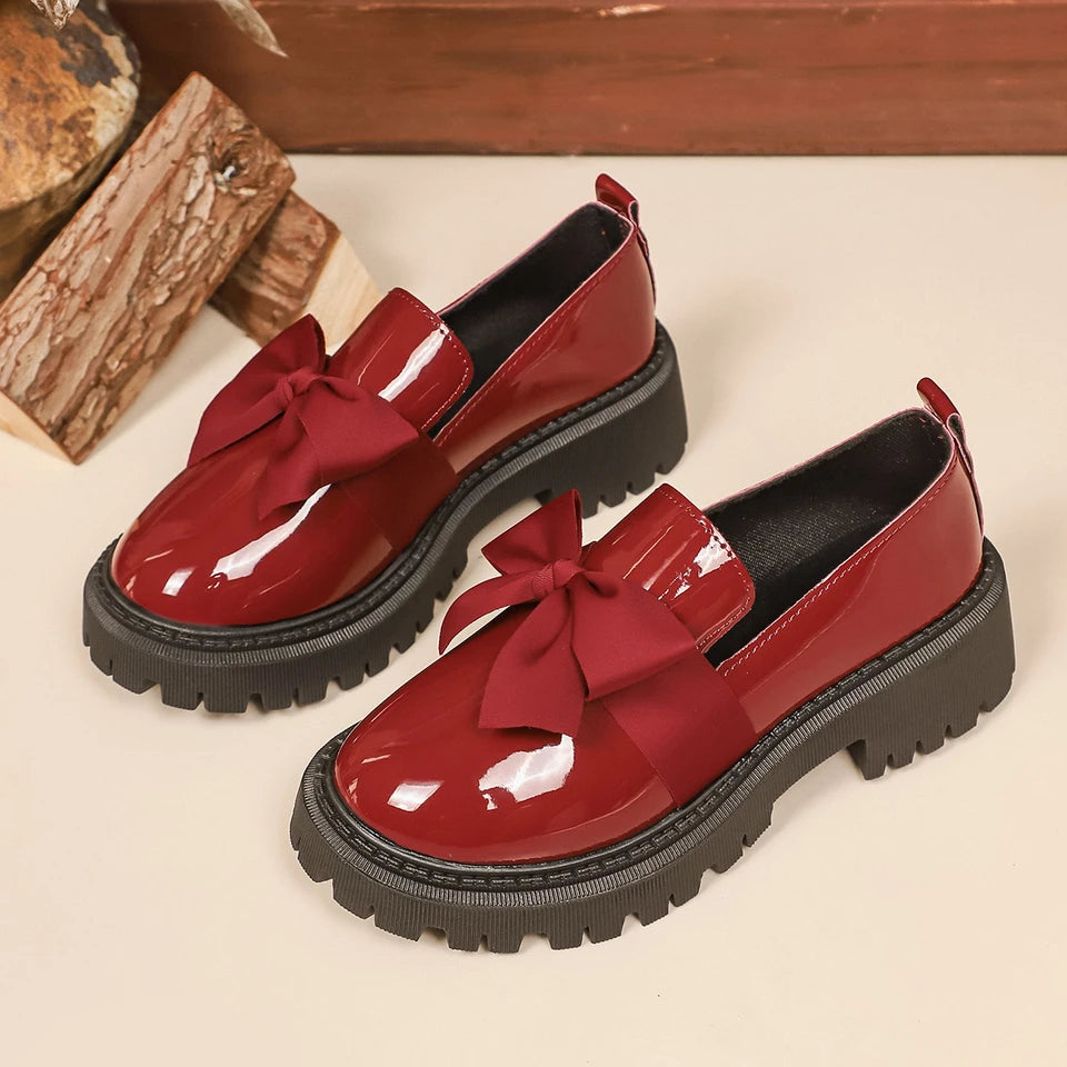 Women Bow Decor Slip‑On Loafers Faux Patent Leather Lug‑Sole Platform Round‑Toe Sweet Preppy Casual Daily Dress Shoes