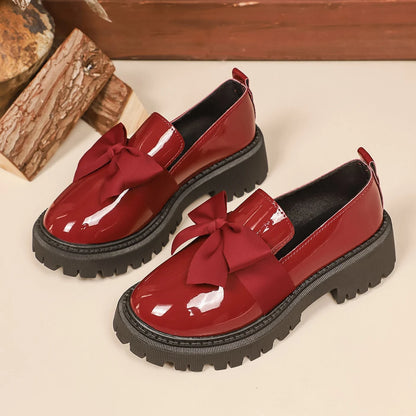 Women Bow Decor Slip‑On Loafers Faux Patent Leather Lug‑Sole Platform Round‑Toe Sweet Preppy Casual Daily Dress Shoes