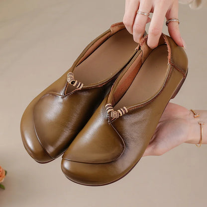 Ethnic V Cut Beaded Ballet Flats Women's Plain Vintage Genuine Leather Moccasins Woman Slip On Mother Loafer Daily Elegant Shoes