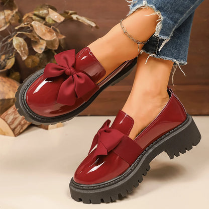Women Bow Decor Slip‑On Loafers Faux Patent Leather Lug‑Sole Platform Round‑Toe Sweet Preppy Casual Daily Dress Shoes