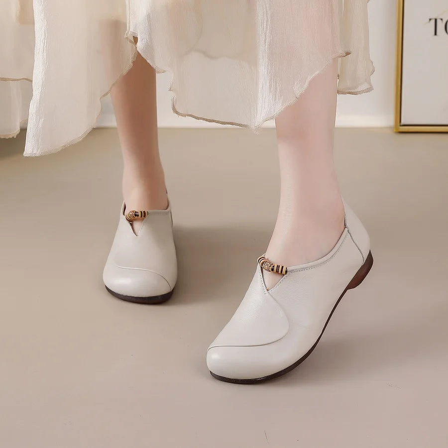 Ethnic V Cut Beaded Ballet Flats Women's Plain Vintage Genuine Leather Moccasins Woman Slip On Mother Loafer Daily Elegant Shoes