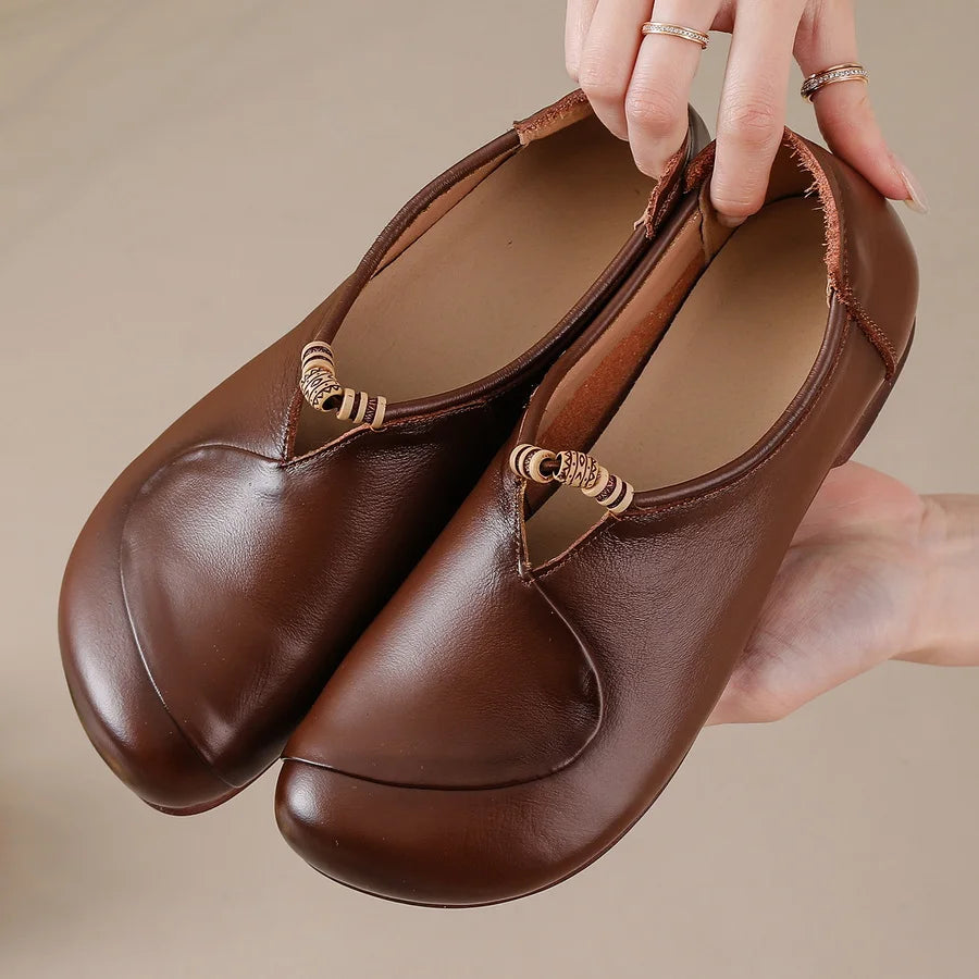 Ethnic V Cut Beaded Ballet Flats Women's Plain Vintage Genuine Leather Moccasins Woman Slip On Mother Loafer Daily Elegant Shoes