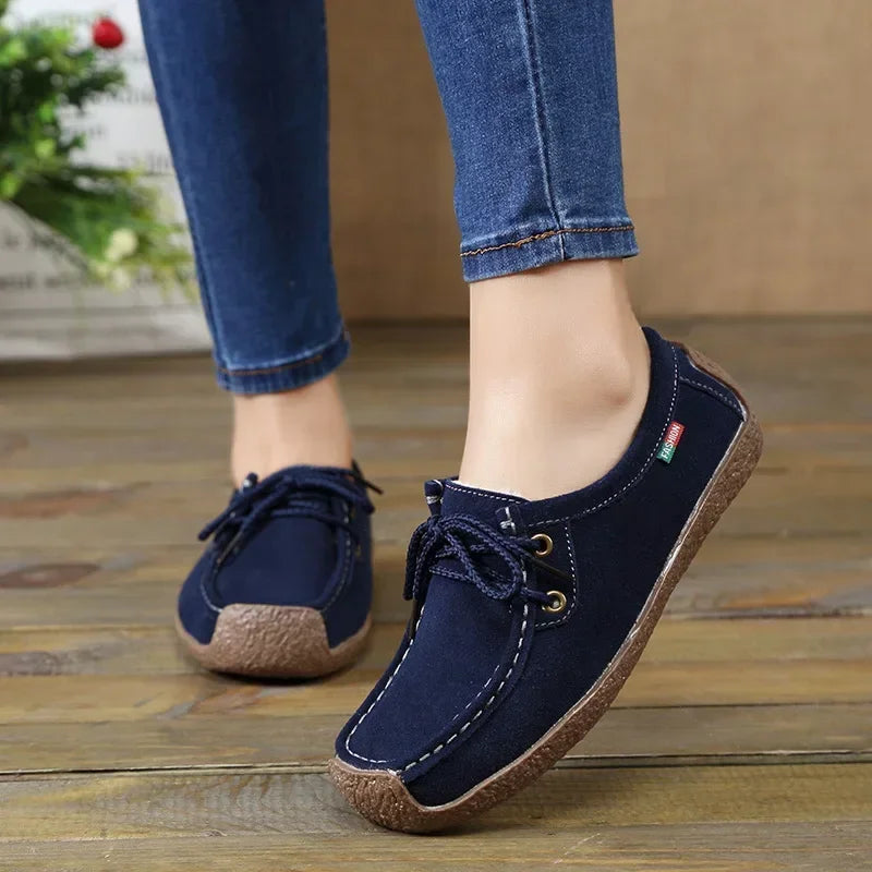 New Arrival Women Casual Shoes 2025 Suede Leather Flats Sneakers Lace Up Moccasins Ladies Shoes Fashion Loafers Plus