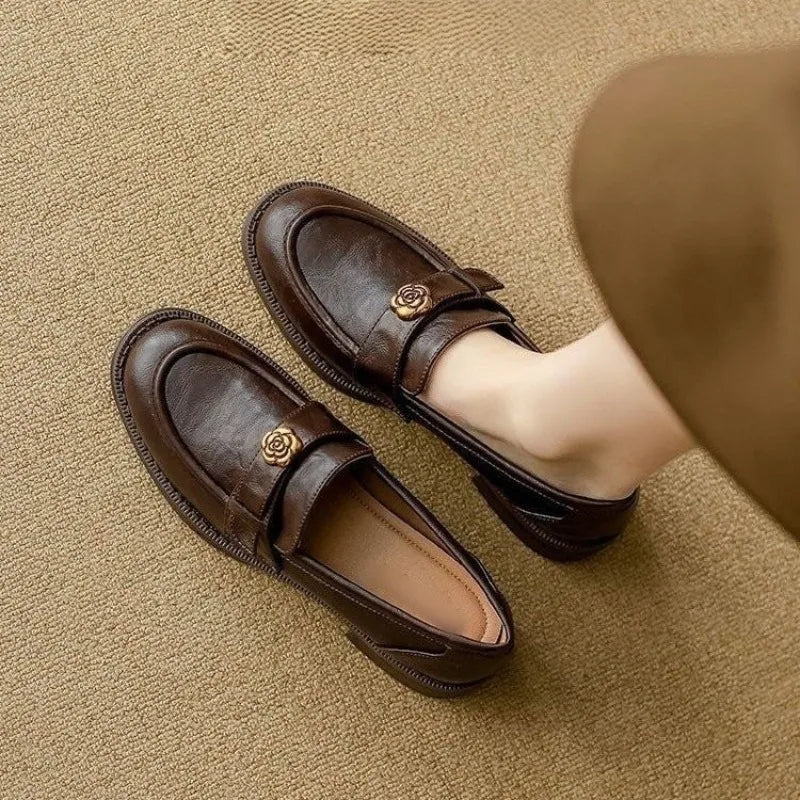 Women's Leather Flat Loafers with Gold-Tone Flower Accessory Round Apron Toe Low Block Heel Comfortable & Office Dress Shoes