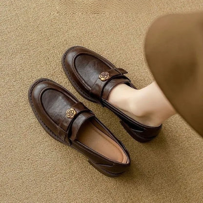 Women's Leather Flat Loafers with Gold-Tone Flower Accessory Round Apron Toe Low Block Heel Comfortable & Office Dress Shoes