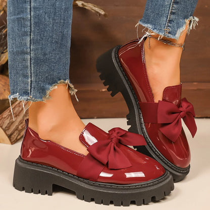 Women Bow Decor Slip‑On Loafers Faux Patent Leather Lug‑Sole Platform Round‑Toe Sweet Preppy Casual Daily Dress Shoes