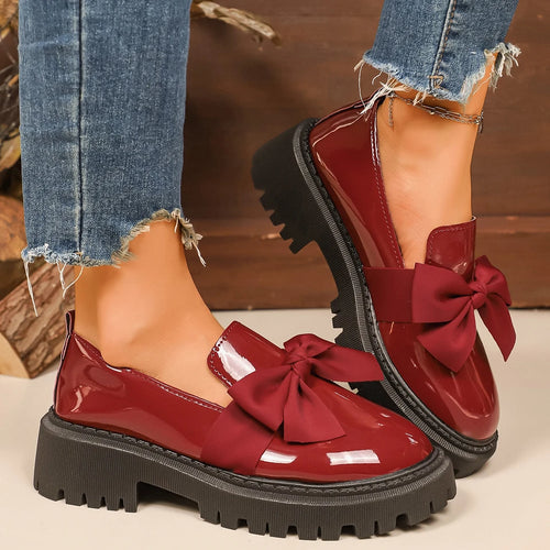 Women Bow Decor Slip‑On Loafers Faux Patent Leather Lug‑Sole Platform Round‑Toe Sweet Preppy Casual Daily Dress Shoes