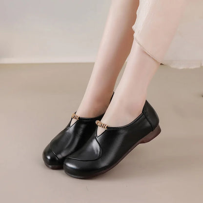 Ethnic V Cut Beaded Ballet Flats Women's Plain Vintage Genuine Leather Moccasins Woman Slip On Mother Loafer Daily Elegant Shoes