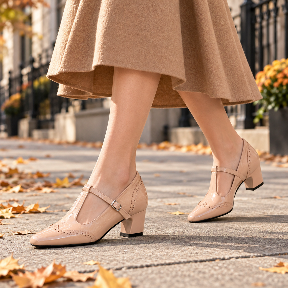 Embossed T-Strap Mary Jane Heels