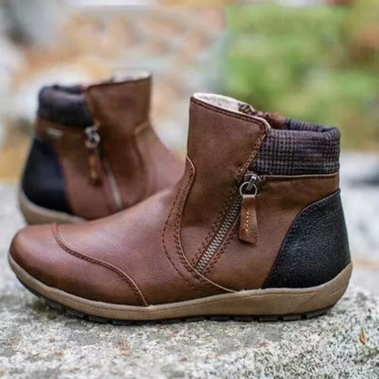 Women's Retro Round Toe Waterproof Zip Leather Ankle Boots