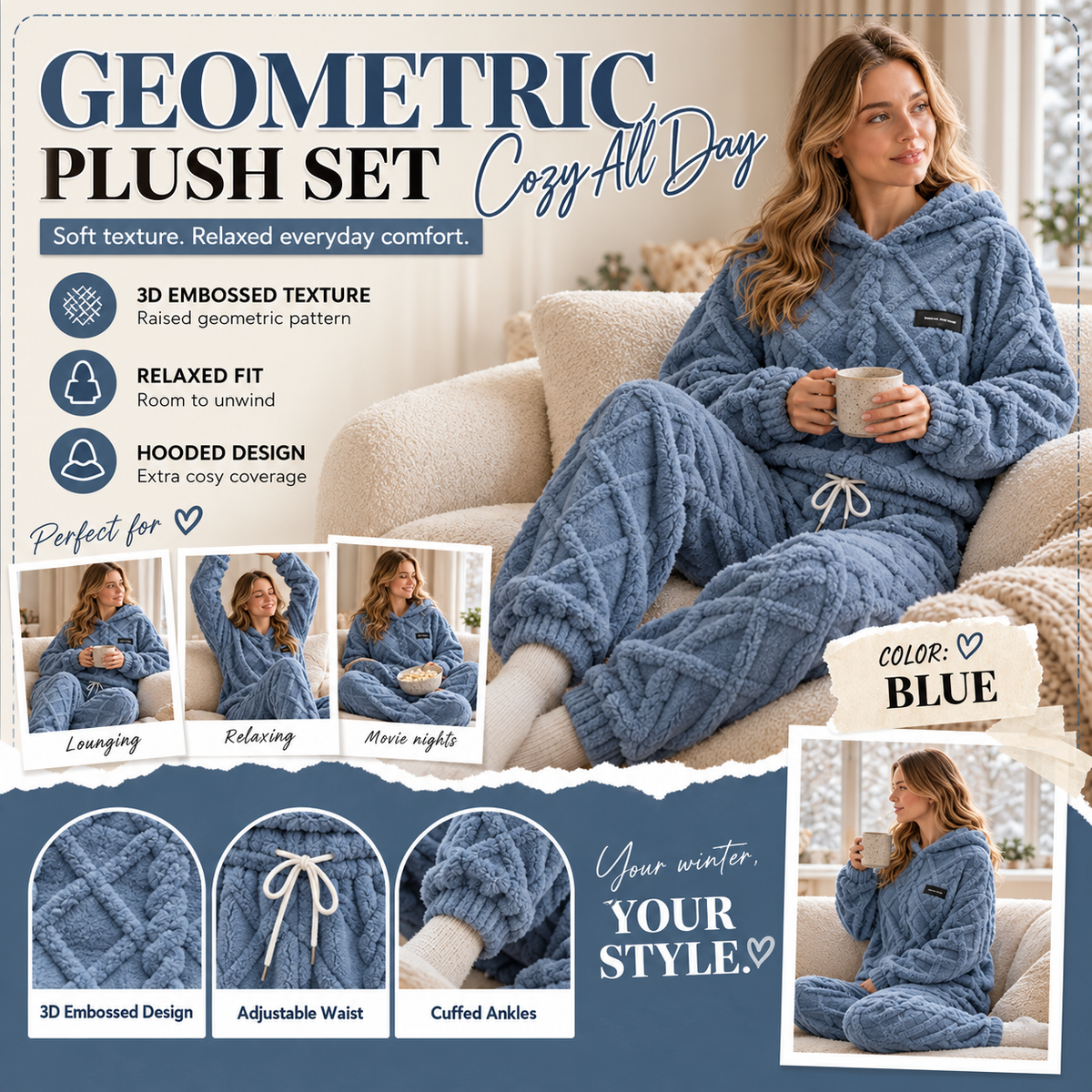 💖Black Friday Mega Deal – 50% off!💖Embossed Geometric Plush Set – Timeless Comfort & Effortless Style For Every Occasion
