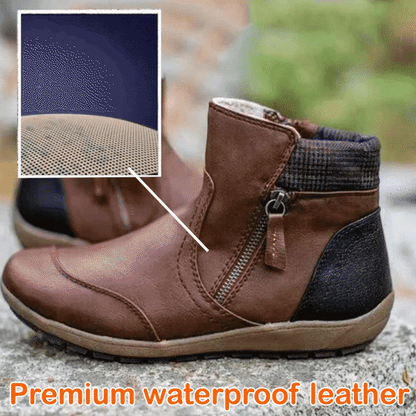 Women's Retro Round Toe Waterproof Zip Leather Ankle Boots