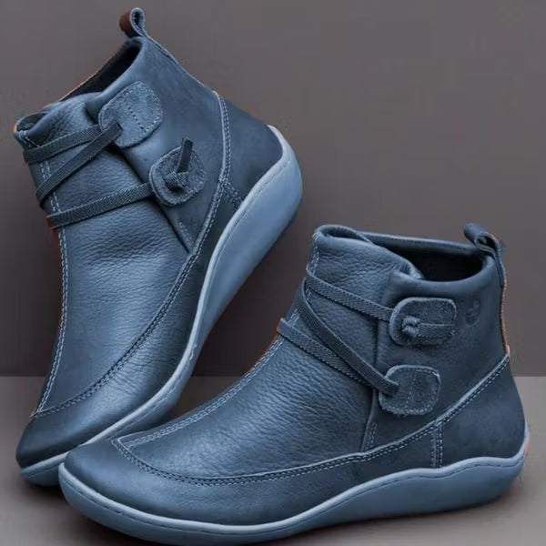 Women's Casual Double Buckle Straps Leather Orthor Ankle Boots