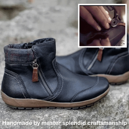 Women's Retro Round Toe Waterproof Zip Leather Ankle Boots