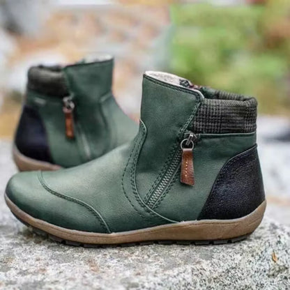 Women's Retro Round Toe Waterproof Zip Leather Ankle Boots