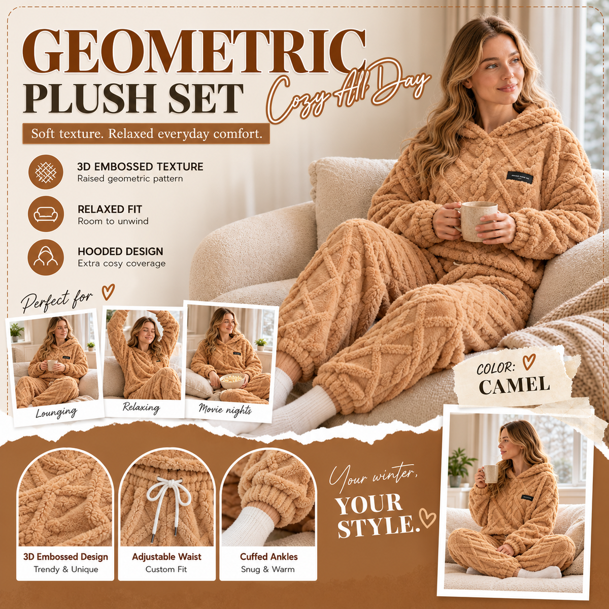 💖Black Friday Mega Deal – 50% off!💖Embossed Geometric Plush Set – Timeless Comfort & Effortless Style For Every Occasion