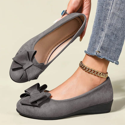 Women’s Mary Jane Shoes – Comfortable Wedge Flats with Bow Detail