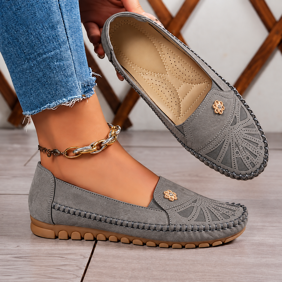 Liora Floral Cutout Comfort Flats – Women's Slip-On Walking Shoes